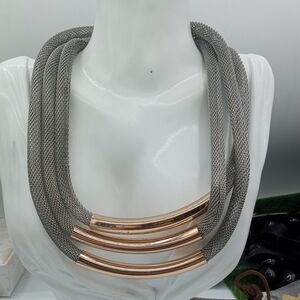 Mika Yoga Wear Gray Mesh and Gold Tone Necklace 22 Inch N401